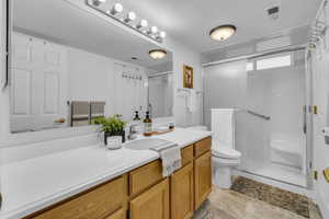 Bathroom featuring toilet, vanity, a stall shower, and visible vents