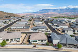 Aerial perspective of suburban area with mountains