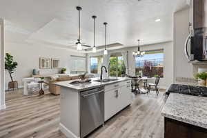 Kitchen featuring appliances with stainless steel finishes, a sink, a tray ceiling, light wood-style floors, and ceiling fan