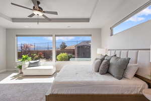 Bedroom featuring carpet floors, a raised ceiling, ceiling fan, and baseboards