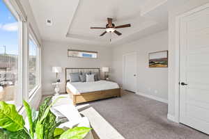 Carpeted bedroom featuring a raised ceiling, multiple windows, baseboards, and a ceiling fan