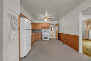 Long kitchen layout with carpet