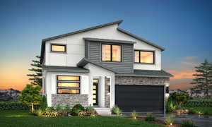 Modern home featuring stucco siding, stone siding, driveway, a garage, and a yard