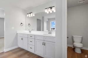 Full bathroom featuring wood finished floors, a sink, double vanity, and visible vents
