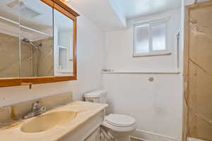 Bathroom with visible vents, toilet, vanity, and walk in shower