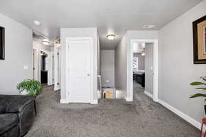Carpeted living room with baseboards, a textured ceiling, visible vents, and ceiling fan