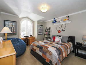 Bedroom featuring light carpet, lofted ceiling, crown molding, and a textured ceiling