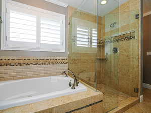 Bathroom featuring a bath, ornamental molding, and a stall shower