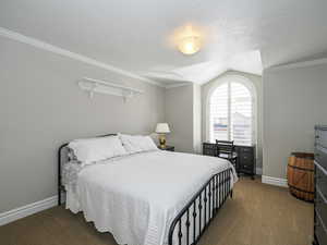 Carpeted bedroom with baseboards, lofted ceiling, and ornamental molding