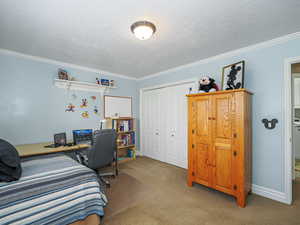Bedroom with carpet floors, baseboards, a closet, and a textured ceiling