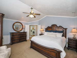 Carpeted bedroom with lofted ceiling, a ceiling fan, ornamental molding, and a textured ceiling