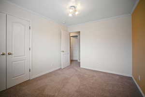 Unfurnished bedroom with baseboards, crown molding, and carpet flooring