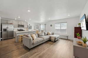 Living area with baseboards, wood finished floors, recessed lighting, and a textured ceiling