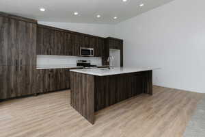 Kitchen with an island with sink, vaulted ceiling, a sink, appliances with stainless steel finishes, and modern cabinets