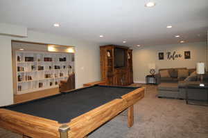 Game room with carpet floors, billiards, baseboards, and recessed lighting