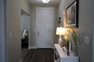 Doorway to outside with dark wood finished floors