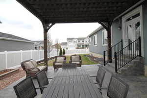 Deck with a fenced backyard and covered patio.