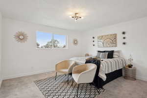 Bedroom featuring an inviting chandelier, carpet, baseboards, a textured ceiling, and visible vents
