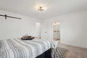 Bedroom featuring baseboards, a barn door, ensuite bathroom, and light colored carpet