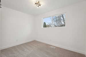 Carpeted empty room with baseboards, visible vents, and a textured ceiling