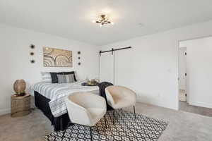 Bedroom featuring carpet flooring, baseboards, and a barn door