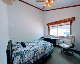 Bedroom with a ceiling fan, baseboards, ornamental molding, and carpet