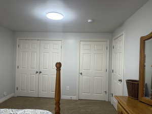 Carpeted downstairs bedroom featuring baseboards and multiple closets