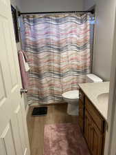 Bathroom featuring toilet, vanity, a shower with shower curtain, and wood finished floors