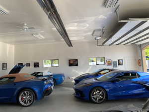Garage with ceiling fan