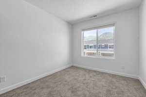 Carpeted empty room featuring a textured ceiling, baseboards, and visible vents