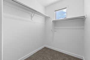 Walk in closet with dark colored carpet