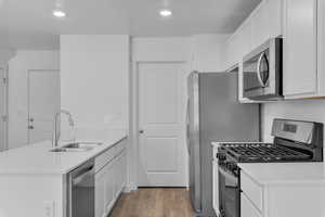 Kitchen with white cabinetry, a sink, stainless steel appliances, and a peninsula