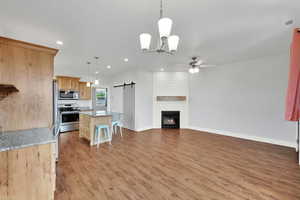 Kitchen featuring appliances with stainless steel finishes, a ceiling fan, a barn door, light wood-style flooring, and recessed lighting