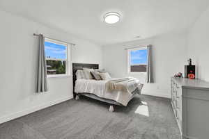 Bedroom featuring multiple windows and dark colored carpet