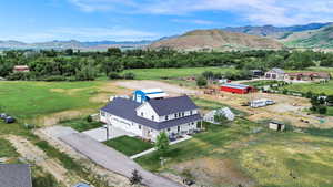 Overview of rural landscape with a mountain backdrop