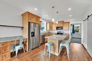 Kitchen with appliances with stainless steel finishes, a barn door, a breakfast bar area, a kitchen island, and plenty of natural light