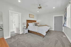 Bedroom with carpet floors, recessed lighting, and ceiling fan