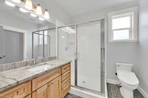 Full bath with vanity and a shower stall