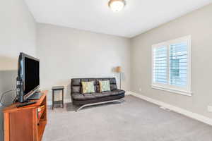 Sitting room with baseboards, carpet floors, and visible vents