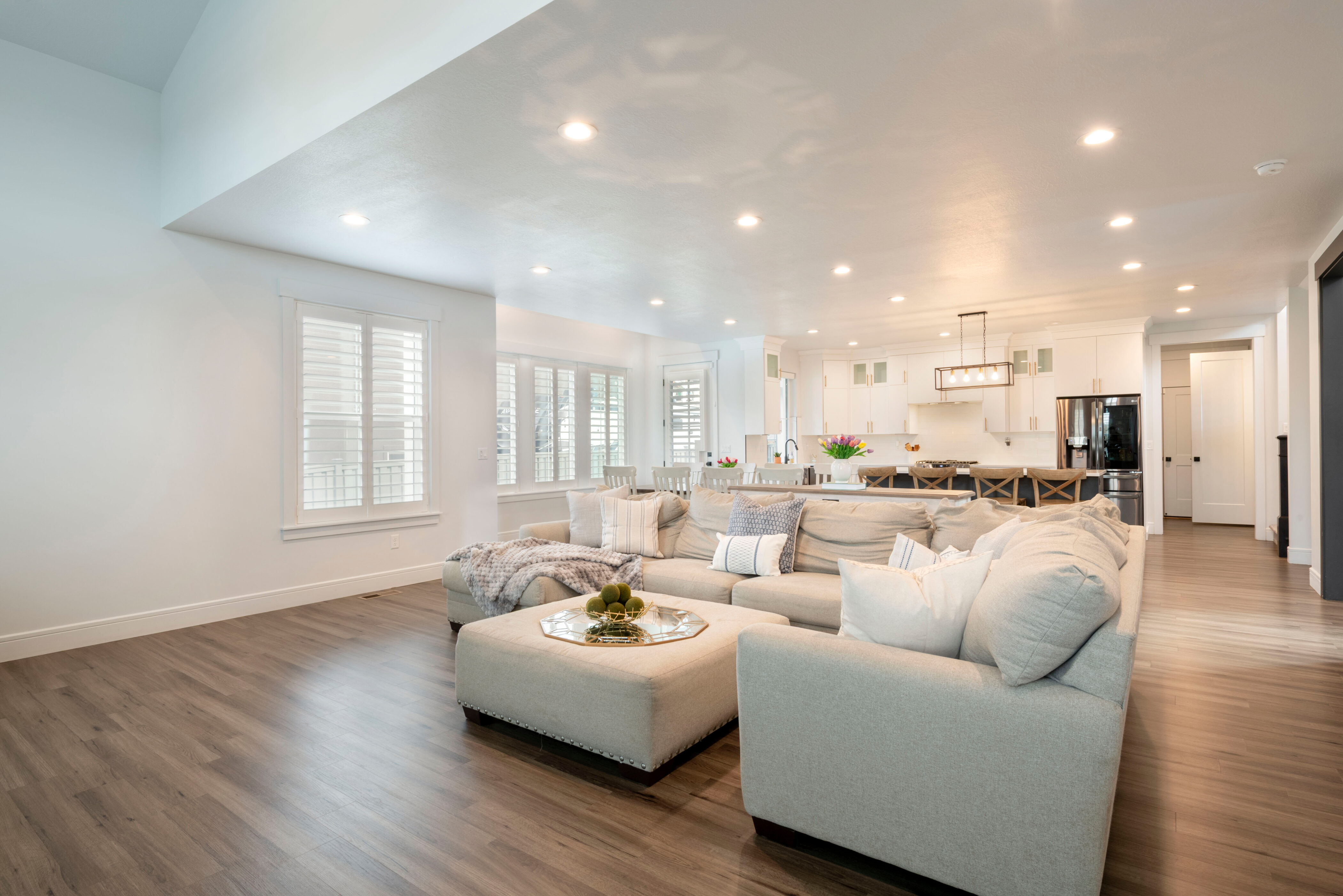 Living room featuring baseboards, recessed lighting, and dark wood-type flooring