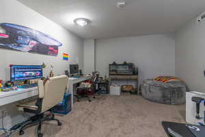 Carpeted home office with a textured ceiling