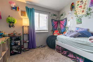 Bedroom with carpet flooring and lofted ceiling