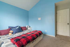 Carpeted bedroom with baseboards and lofted ceiling