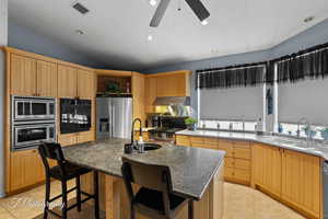 Kitchen with a sink, stainless steel appliances, extractor fan, and visible vents