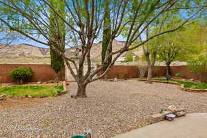 View of yard with a fenced backyard and a mountain view