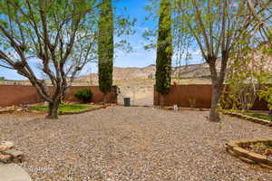View of yard with a fenced backyard, a gate, and a mountain view