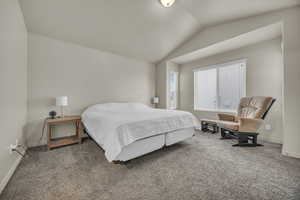 Carpeted bedroom featuring baseboards and lofted ceiling