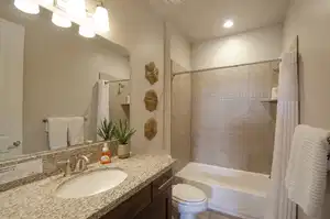 Bathroom featuring toilet, vanity, and shower / bath combination with curtain
