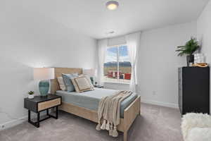 Carpeted bedroom with baseboards and visible vents