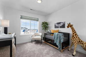 Bedroom featuring baseboards, visible vents, a crib, and carpet